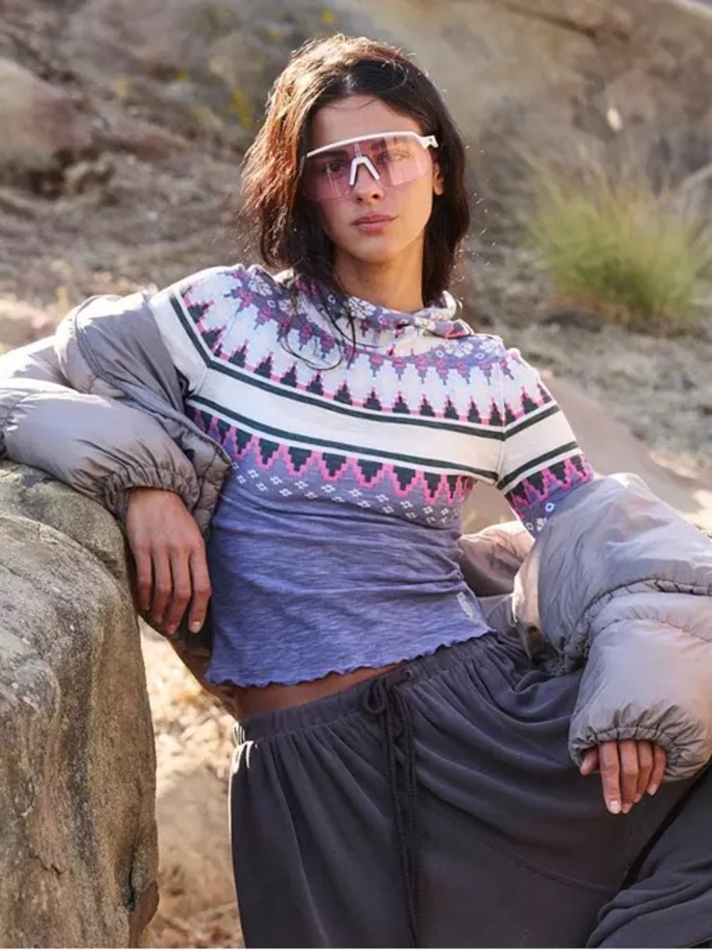 FP Movement Breathe Easy Printed Layer Hoodie Top Plaid Fairisle Purple Graphite